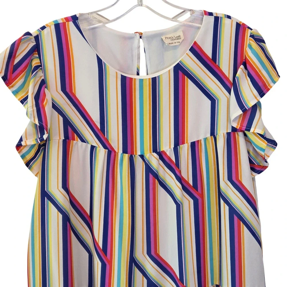 Peach Love California Multi Color Stripe Tiered Babydoll Mini Dress Pockets L - Picture 3 of 13